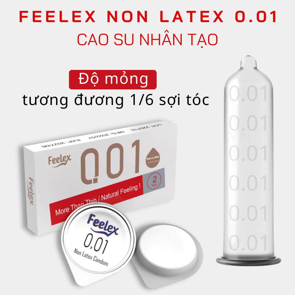 Bao cao su Non-Latex Feelex 001 siêu mỏng, nhiều gel bôi trơn - hộp 2 chiếc