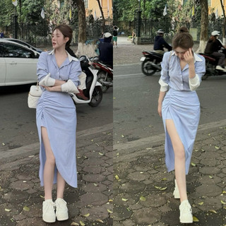  Set 2 món : set áo sơ mi kẻ kèm chân váy dài phối công sở thanh lịch H2-02