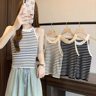 Áo yếm croptop ba lỗ sát nách len mongtoghi nữ kiểu kẻ ngang dáng ôm body cổ tròn dệt kim đẹp QCcc