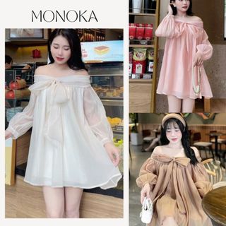 Váy babydoll tay bồng nơ to cute voan trắng kem hồng Đầm trễ vai tiểu thư bánh bèo dự tiệc chơi lễ tết T103G MONOKA SHOP
