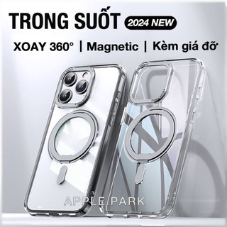 Ốp lưng từ tính kèm giá đỡ Xoay 360° trong suốt chống dấu Vân tay nhám,Cho IPhone 15 Pro Max 14 Pro 15 Plus 13 Pro 12 11