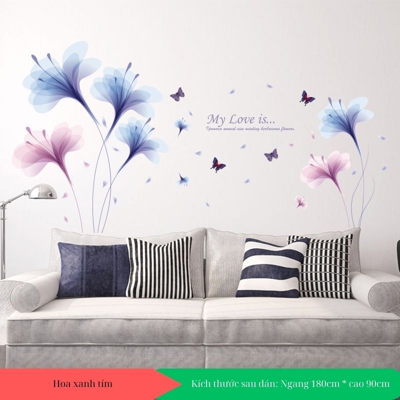 Decal dán tường hoa pha lê xanh tím