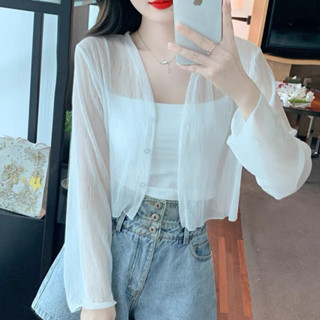 Áo khoác cardigan mỏng xuyên thấu sexy cổ v dáng ngắn dài tay màu đen màu trắng màu kem hàng QCCC mềm mịn không xù