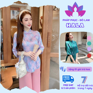 Pháp phục đi chùa - set đồ Lam thiết kế Tơ tằm thọ chéo cúc  4 màu , size s m l xl (40-65kg)