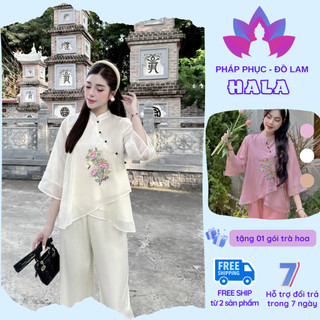 Pháp phục đi chùa - set đồ Lam thiết kế Tơ tằm Vạt chéo thêu hoa bướm  3 màu , size s m l xl (40-65kg)