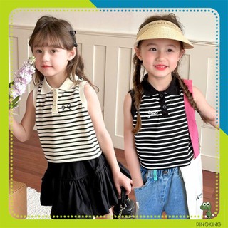 Áo sát nách có cổ bé gái DINOKING Áo polo cho bé gái kẻ ngang thêu nơ ngực cotton cao cấp phong cách Hàn Quốc 2-9T AT51