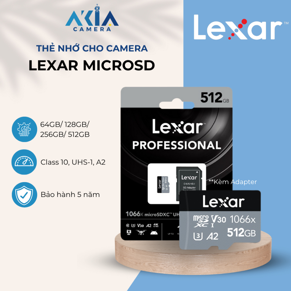 Thẻ nhớ microSDXC 64GB/ 128GB/ 256GB/ 512GB Lexar 1066x UHS-I A2, video 4K, đọc 160Mb/s, ghi 120Mb/s