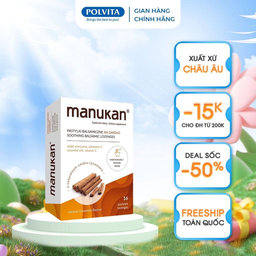 Viên ngậm Manukan vị quế giúp bổ phế, dịu ho, hết rát họng, khản tiếng và mất tiếng 16 viên