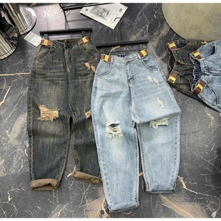 Quần jean nữ baggy trơn 2 nút Nhập QC, Quần Baggy Lưng Thun Đai Lưng thêu chữ 95Cm