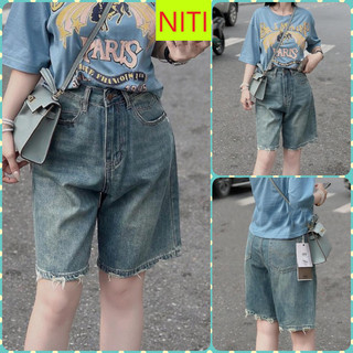 Quần jeans ngố lửng nữ lưng cao rách lai nhẹ lai cuốn màu xanh nhạt tôn dáng siêu thời trang cá tính từ