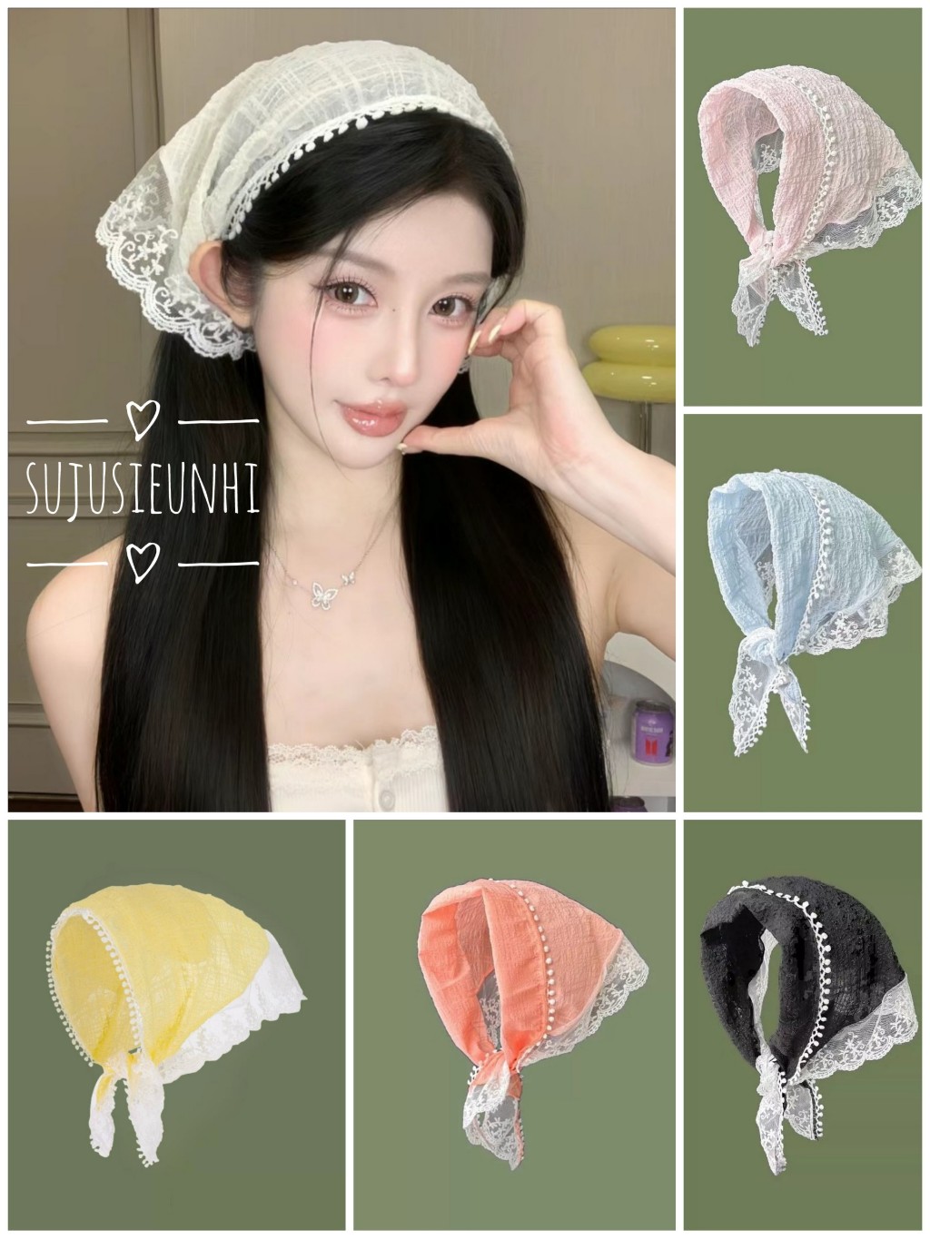 khăn tam giác buộc đầu thôn nữ đồng quê kiểu Pháp viền hoạ tiết ren hoa chụp ảnh thời trang đi biển