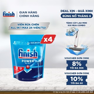 Combo 04 túi Viên Rửa Chén Bát Hương Chanh Finish Powerball All In 1 Max Lemon Sparkle 30 viên/túi