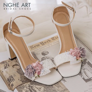 Giày cưới Nghé Art cao gót hoa hồng đỏ 300