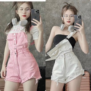(Size S-XL ) Yếm jean rách 5 nút rách tua lai 1 nắp túi, Yếm quần short tua lai 5 Màu