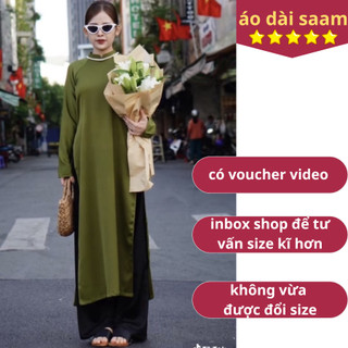 Áo dài cách tân nữ Suông xanh rêu áo dài Saam Tết 2024 chất liệu lụa tây thi