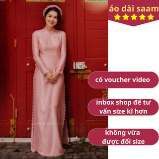 Áo dài lụa vân gỗ màu hồng áo dài saam form dáng truyền thống đính kết hạt ngọc cổ tay viền tà 2024