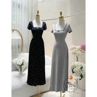 đầm tay ngắn cổ vuông viền ren cổ nơ nhỏ dáng dài thun tăm chấm bi
