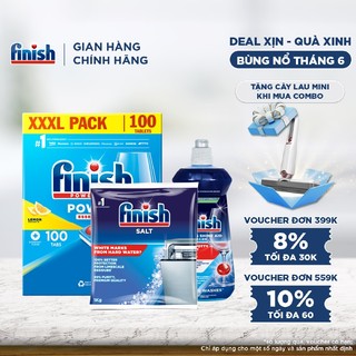 Combo Finish tiện lợi 2: Hộp 100 Viên Rửa Bát Essential + Nước Làm Bóng Finish 500ml + Muối Rửa Chén Finish Salt túi 1kg