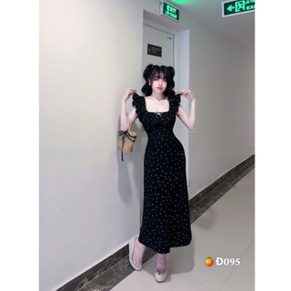 đầm cổ vuông phối bèo cổ đính nơ dáng dài chấm bi chất thun tăm mềm