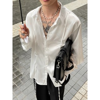 Áo sơ mi lụa satin nam phối dây form rộng - Trắng/Đen/Xám