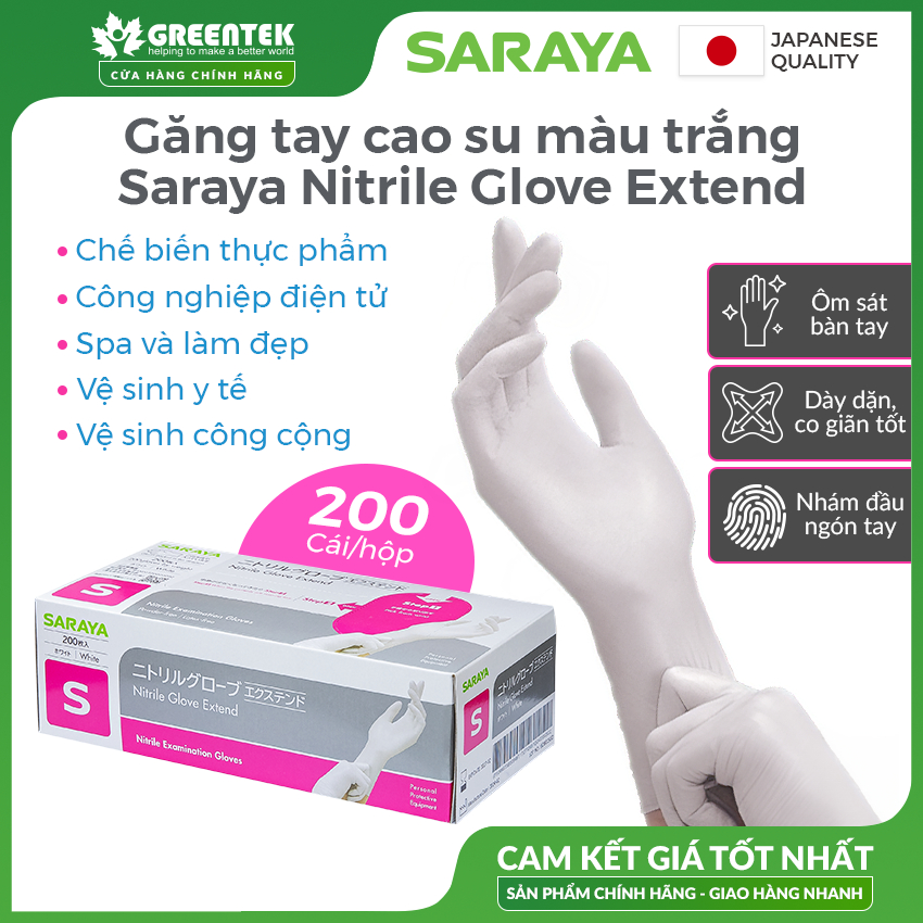 Găng Tay Cao Su Saraya Nitrile, Dùng Trong Chế Biến Thực Phẩm, Làm Đẹp, Rửa Chén, Vệ Sinh (Màu Trắng, Màu Xanh, Màu Hồng)