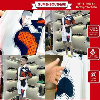 Bộ Quần Áo Nam L V In Logo Loang Xanh Cam Cực Đẹp - Bộ Cộc Tay Nam L V Trắng Họa Tiết Loang Hottrend