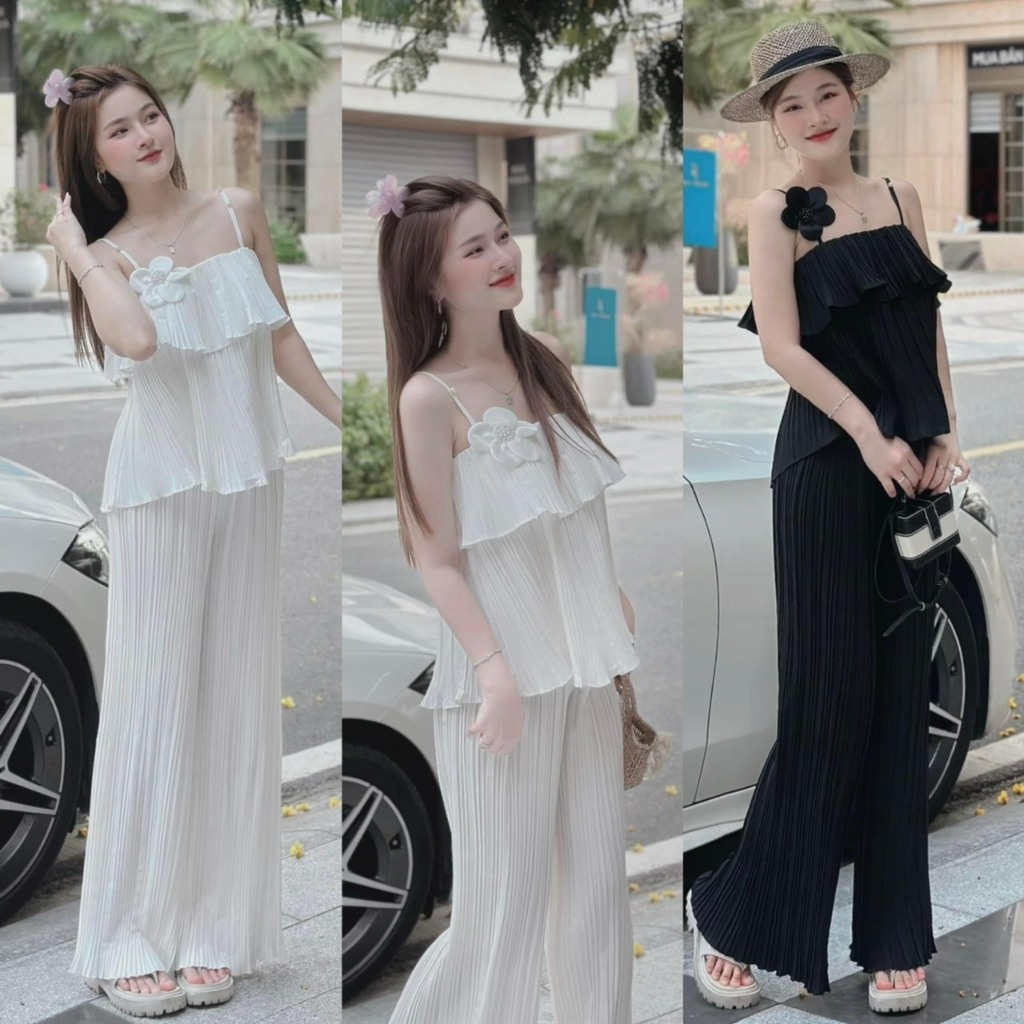 Set bộ 2 dây nàng thơ xinh iu cho nàng dạo phố, set áo 2 dây đính hoa phối quần ống rộng chất lụa dập ly 2 màu siêu xinh