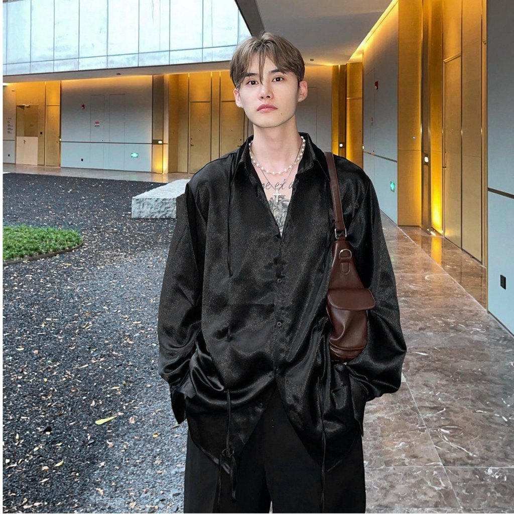 Sơ mi nam lụa Satin phối DÂY form rộng