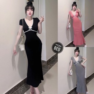 Đầm cổ tim viền đính nơ tay ngắn phom dài chất thun gân co giãn thích hợp mặc đi tiệc đi làm đi chơi