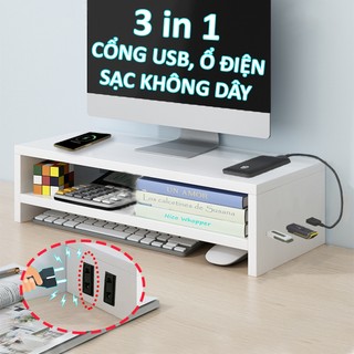 Kệ để máy tính TopV kèm kệ sách để bàn giá đỡ laptop gỗ nâng PC 2 tầng trắng kệ màn hình bàn học kê vi tính TopV Home