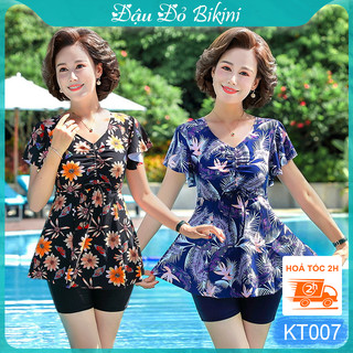 Đồ bơi áo tắm cho người trung tuổi, dáng váy quần sooc đùi dài, thiết kế tôn dáng tránh lộ bụng, có size lớn | KT007