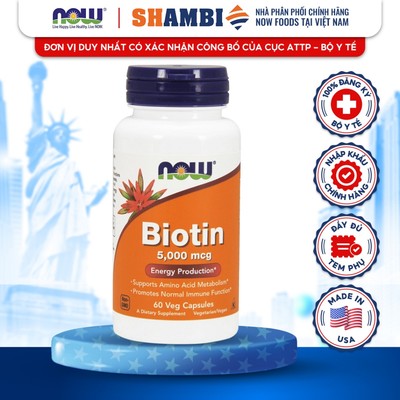 Viên Uống Biotin NOW FOODS 5000mcg Giảm Rụng Tóc, Làm Trắng Da