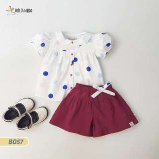 B057 Đồ Bộ Xinh House Cho Bé Gái Họa Tiết Chấm Bi Quần Phối Nơ