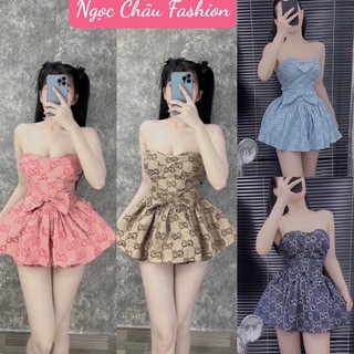 Set áo cúp ngực dây croptop có nhún lưng co dãn + chân váy nơ xòe có quần lót trong 3 màu nu, hồng, xanh 