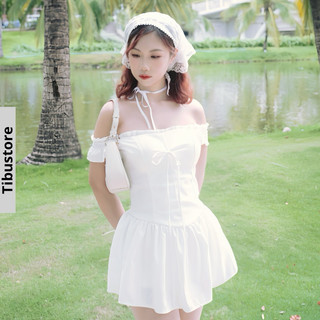 Đầm Trễ Vai Tay Bèo Đính Nơ TIBU Váy Nữ Chiết Eo Dáng Xoè (có quần) Trắng Tiểu Thư Xinh Xắn Mùa Hè Đi Chơi