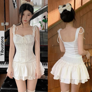 Set Áo Hai Dây Thắt Nơ Kèm Chân Váy Xếp Tầng Viền Eo TIBU Set Đồ Nữ Tiểu Thư Màu Trắng Ôm Body Tôn Dáng Sang Chảnh