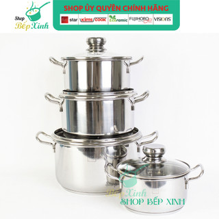 Bộ nồi inox 430 cao cấp Fivestar nắp kính 3 đáy dùng được mọi bếp ( Nồi 16cm x 18cm x 20cm x 24cm )