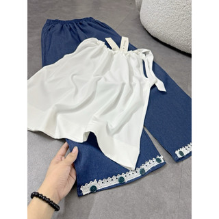 Set áo đũi cổ buộc nơ vai quần jean giấy suông ren gấu