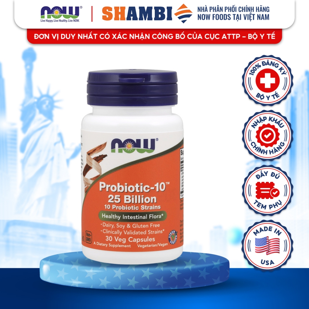 Viên Uống Probiotic 10TM 25 Billion NOW FOODS Cân Bằng hệ Vi Khuẩn Đường Ruột Giảm Rối Loạn Tiêu Hóa