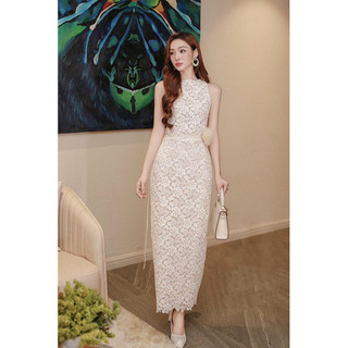 Đầm maxi ren phối ngực cột nơ eo cao cấp dáng dài