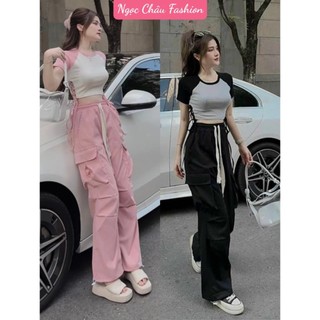 Set áo thun rút dây phối màu cổ + quần ống rút dây túi hộp form 40-58kg 