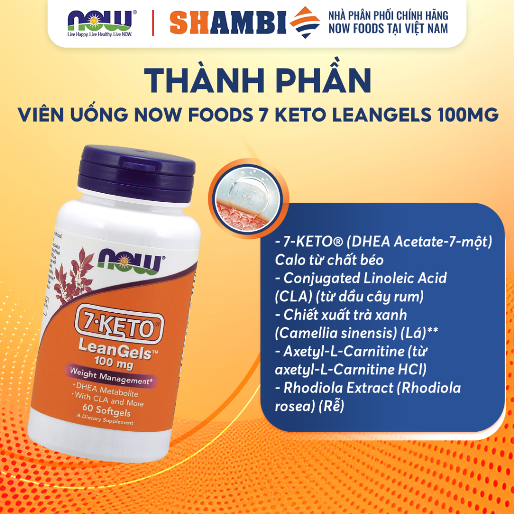 Viên Uống 7 Keto LeanGels NOW FOODS 100mg Giúp Kiểm Soát Cân Nặng, Giảm Béo, Chuyển Hóa Chất Béo Lọ 60 Viên