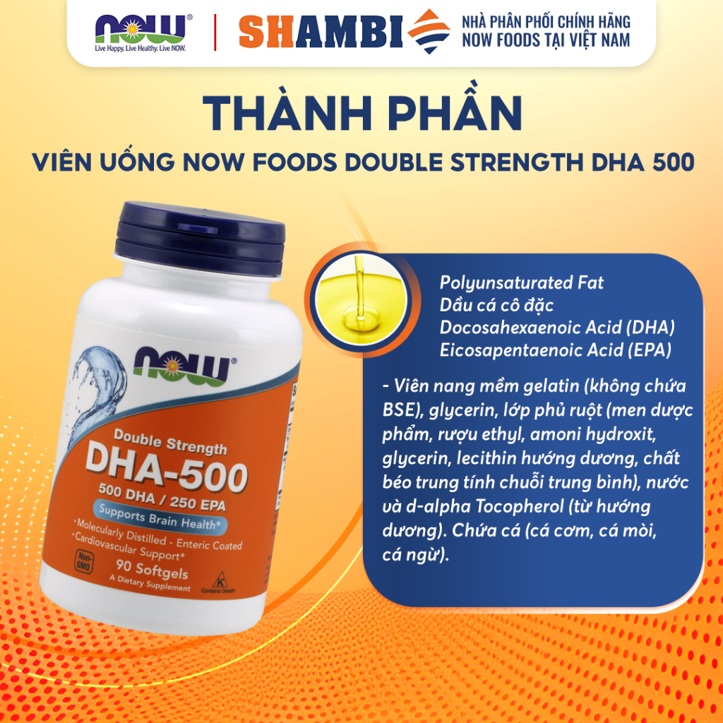 Viên Uống Double Strength NOW FOODS DHA 500 Giúp Bổ Não, Tăng Cường Trí Nhớ & Phát Triển Trí Não