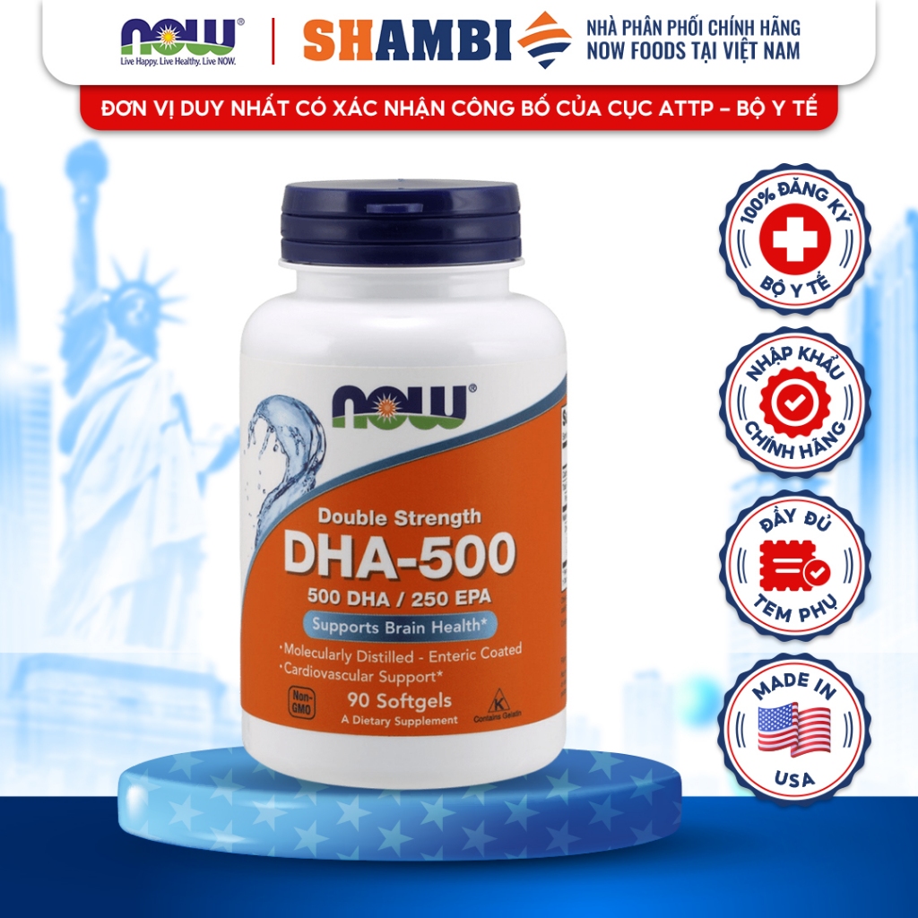 Viên Uống Double Strength NOW FOODS DHA 500 Giúp Bổ Não, Tăng Cường Trí Nhớ & Phát Triển Trí Não