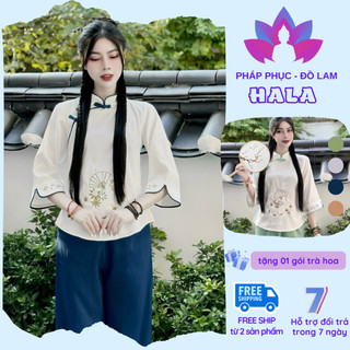Pháp phục đi chùa - set đồ Lam thiết kế CỔ TÀU THÊU HÌNH QUẠT  4 màu , size s m l xl (40-65kg)