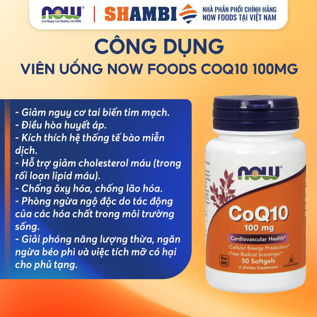 Viên Uống CoQ10 100mg NOW FOODS Hỗ Trợ Tai Biến Tim Mạch, Ổn Định Huyết Áp, Giảm Cholesterol Máu