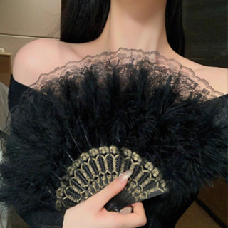  Quạt lông vũ viền ren cổ điển sang chảnh và quyến rũ quạt cổ trang cầm tay kèm ngọc bội phụ kiện múa biểu diễn đi tiệc 