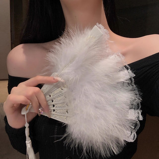 Quạt lông vũ viền ren cổ điển sang chảnh và quyến rũ, quạt cổ trang cầm tay kèm ngọc bội, phụ kiện múa biểu diễn đi tiệc
