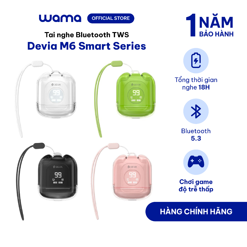 Tai nghe Bluetooth TWS Devia M6 Smart Series bluetooth 5.3, nghe tối đa 18H, chơi game không độ trễ