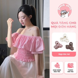 Áo trễ vai hồng áo croptop bo chun eo áo kiểu bẹt vai thời trang đi biển trẻ trung nữ tính